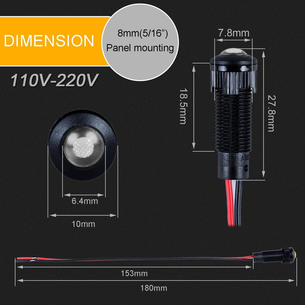 5pcs 8mm LED Indicator Light Plastic Black Signal Dot Lamp 110-220VAC 5/16" Mounting Hole Size with 15cm/5.9in. Wire (White LED)