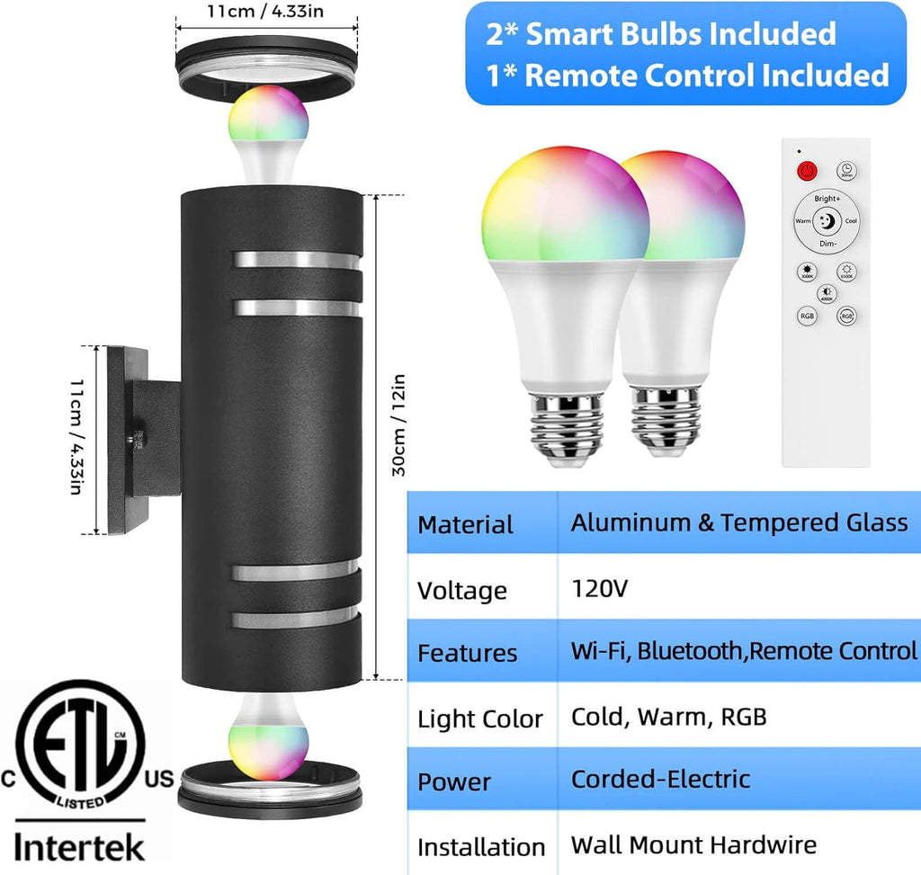 Smart Porch Lights Color Changing, RGB Outdoor Wall Lights with Remote Control Ambiance Up and Down Lights, Black Exterior Light Fixture Home Theater Lighting Compatible with Alexa Google Assistant