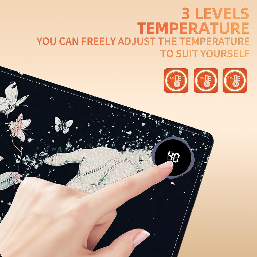 Heated Mouse Pad 23.6 x 14 in 3-Temp Fast Heating Desk Mat with Auto Timer Warmer for Hands Wrist Pain Relief Waterproof Keyboard Mat for Office, Gaming, Home, Butterfly Hands Art