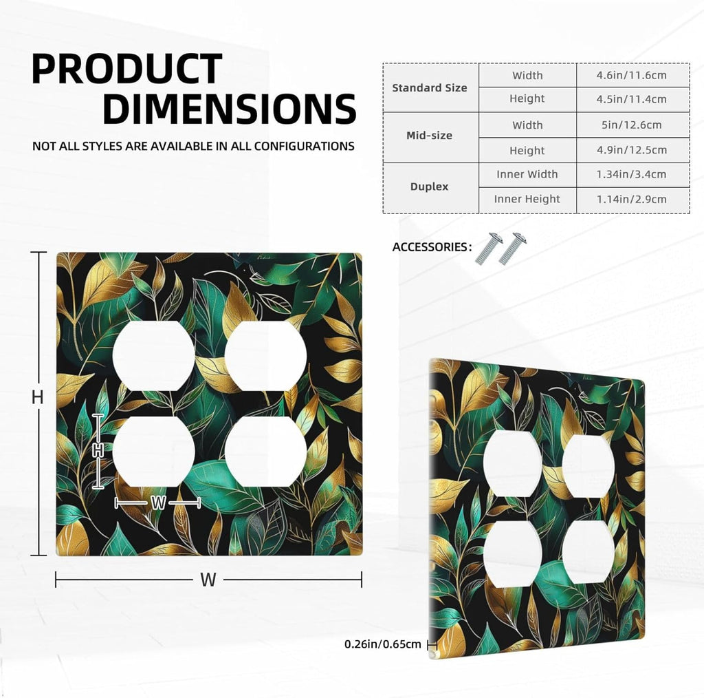 Outlet Covers Vintage Dark Green Vine Leaf Golden Plants 2 Gang Double Duplex Decorative Light Switch Covers Electrical Wallplates Socket Faceplate for Bed Room Cabin Decor