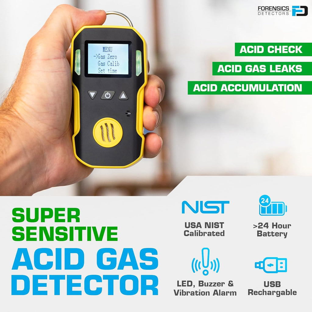 Acid Gas Detector by Forensics | USA NIST Calibration & Certificate | Dust & Explosion Proof | USB Recharge | Sound, Light and Vibration Alarms | 0-10 ppm |