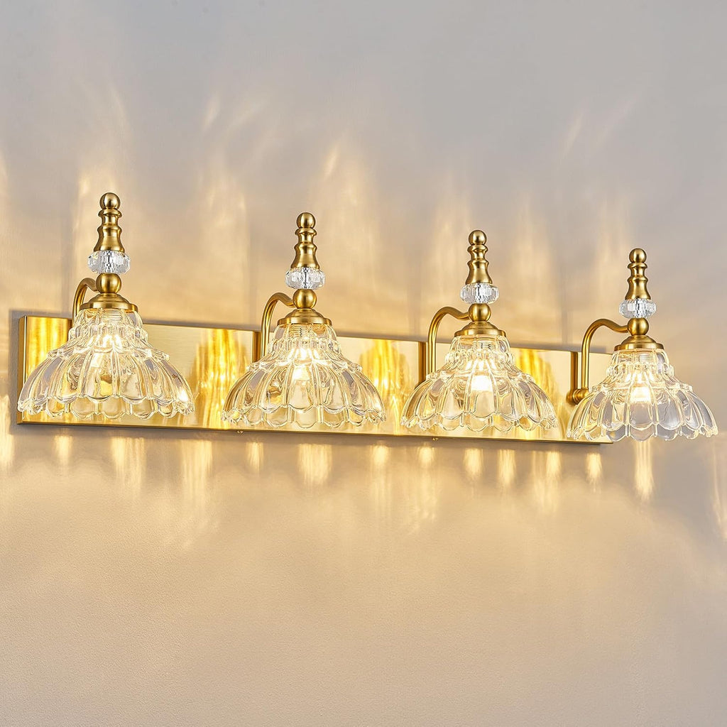 Vintage Bathroom Vanity Light, 4-Light Gold Vanity Lighting Fixture with Flower Glass Shade, Bathroom Lighting Fixtures Over Mirror