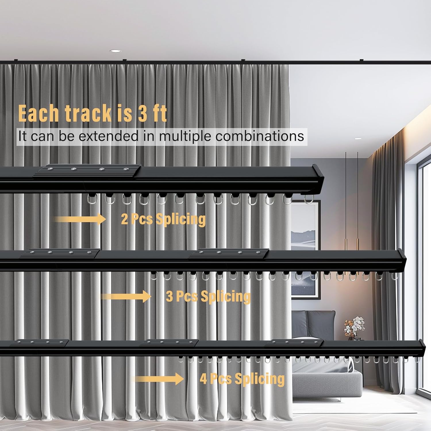 Ceiling Curtain Tracks,Curtain Track Wall Mount,Track Curtains Rod Ceilings Mount Heavy Duty Ceiling Tracks for Curtains Room Divider Rod with Hooks,Black 3-12ft