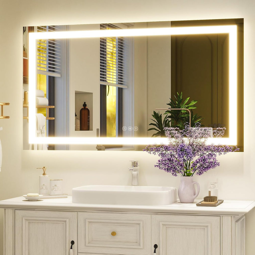 36"x 48"LED Bathroom Mirror, Backlit + Front Lit, LED Bathroom Mirror with Lights for Wall, 3 Colors, Anti-Fog, Dimmable Brightness, Memory Function, Tempered Glass
