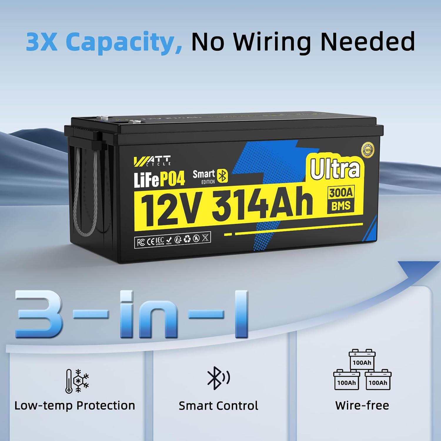 WattCycle 12V 314Ah LiFePO₄ Battery 2 Pack, Lithium Battery 12V 300A BMS, Lithium RV Batteries Built-in Bluetooth, IP65 Marine Batteries, Perfect for Home Energy Storage, RV, Marine, Solar, Off-Grid