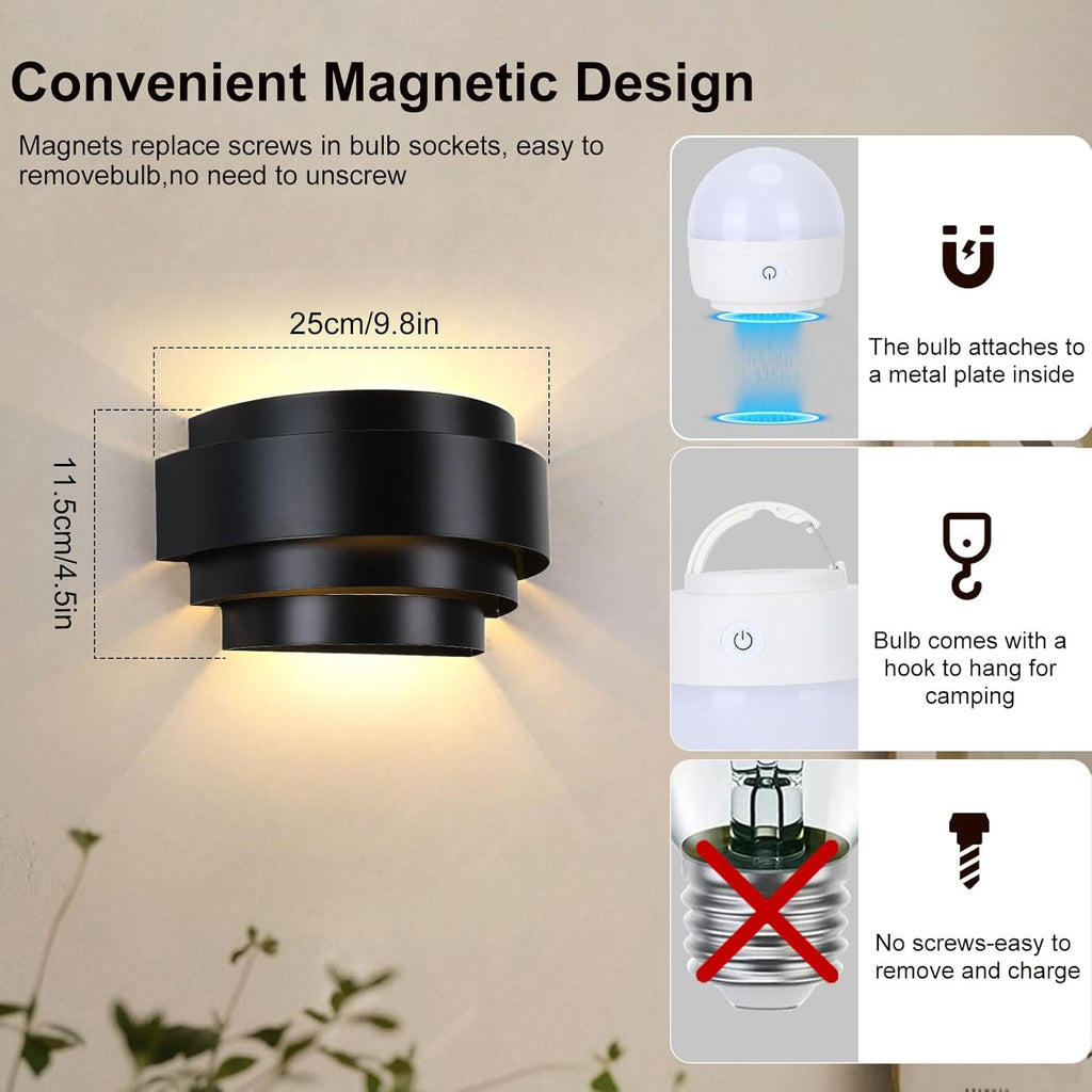 Lightess Wall Sconces Set of 2, Rechargeable Wall Lights with Remote and RGB Bulbs, Black Battery Powered Wall Sconce for Bedroom Living Room Hallway