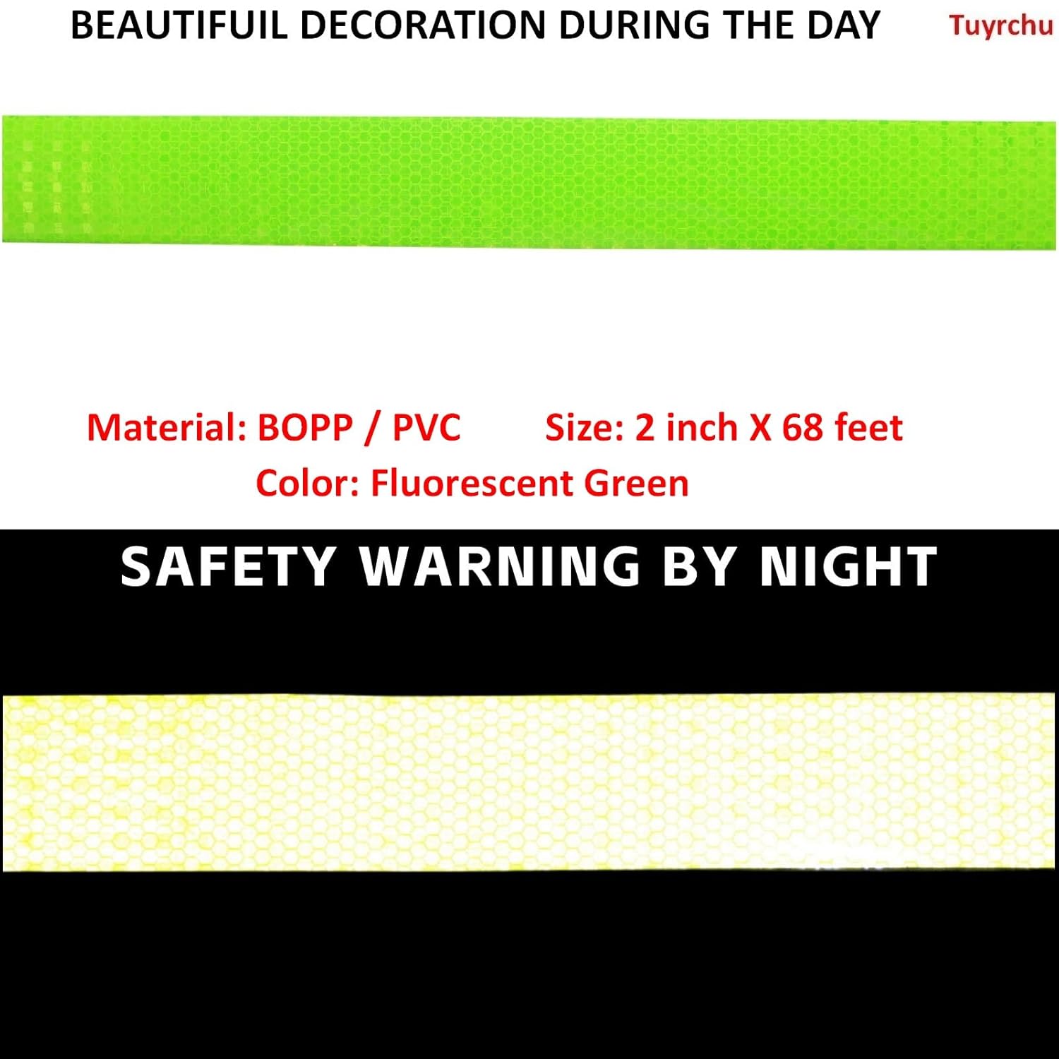 Fluorescent Green Reflective Tape 2 inch Wide, Outdoor Waterproof Safety Adhesive Stickers, High Visibility Industrial Marking Tape (68 feet)