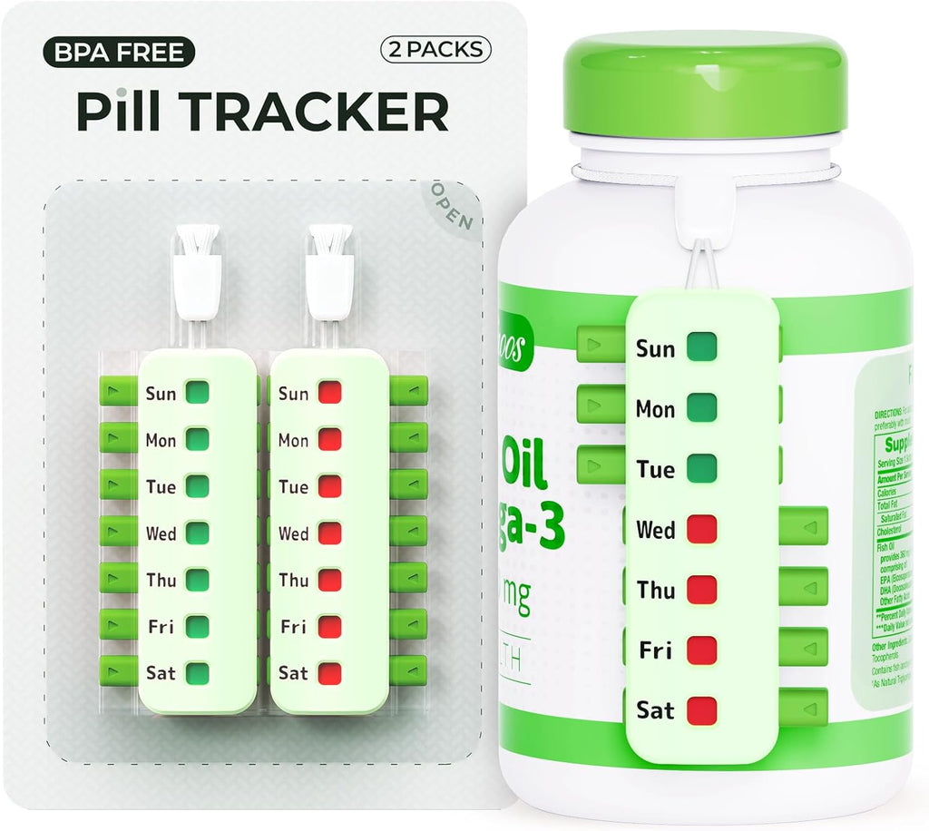 Pill Reminder for Easy Tracking Without Refills, Reusable Pill Tracker for Vairous Bottles, Arthritis-Friendly & Anti-Slide Medication Tracker, Compact Medicine Reminder for Pet Meds, Green, 2-Pack