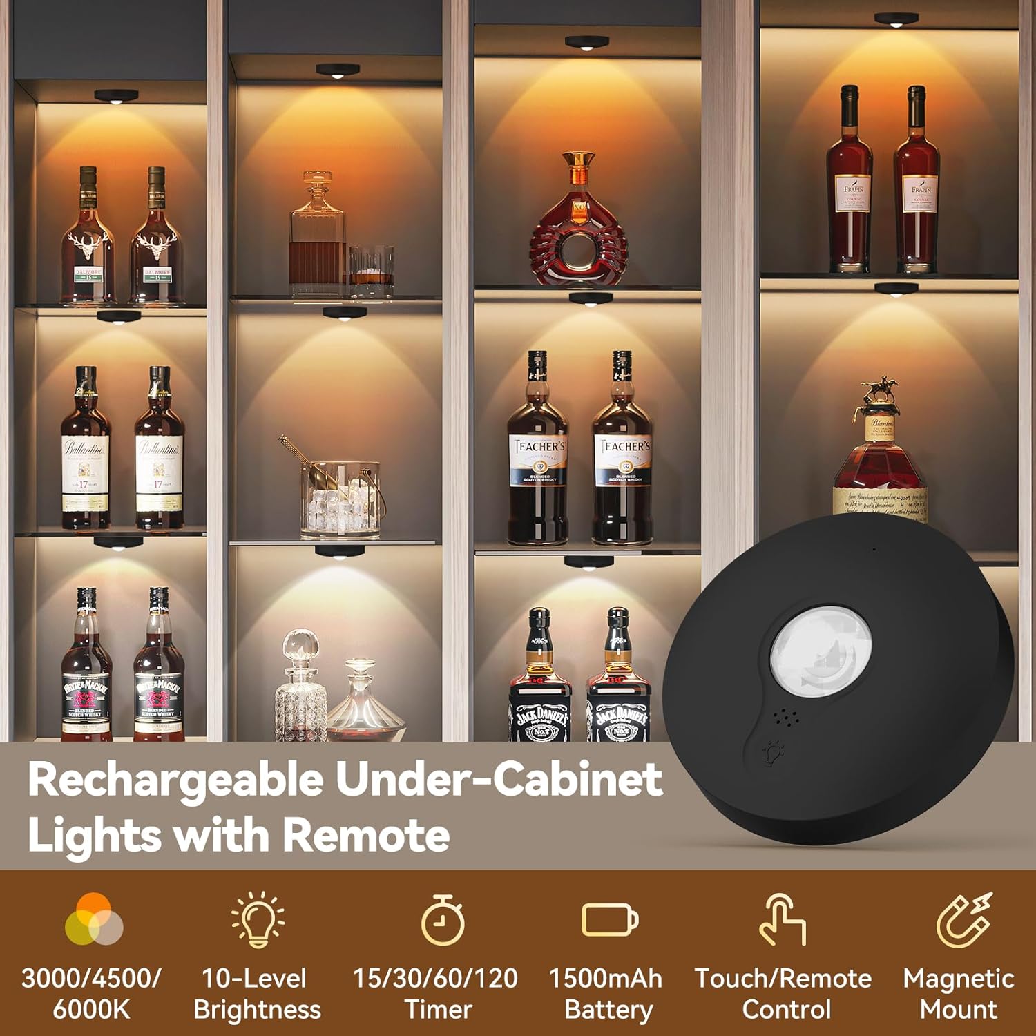 Yiliaw Rechargeable Puck Lights with Remote, 12 Pack Magnetic Under Cabinet Lighting, 1500mAh Battery Operated LED Tap Lights with Dimmer & Timmer for Kitchen, Closet, Shelf - 3 Color Temps, Black