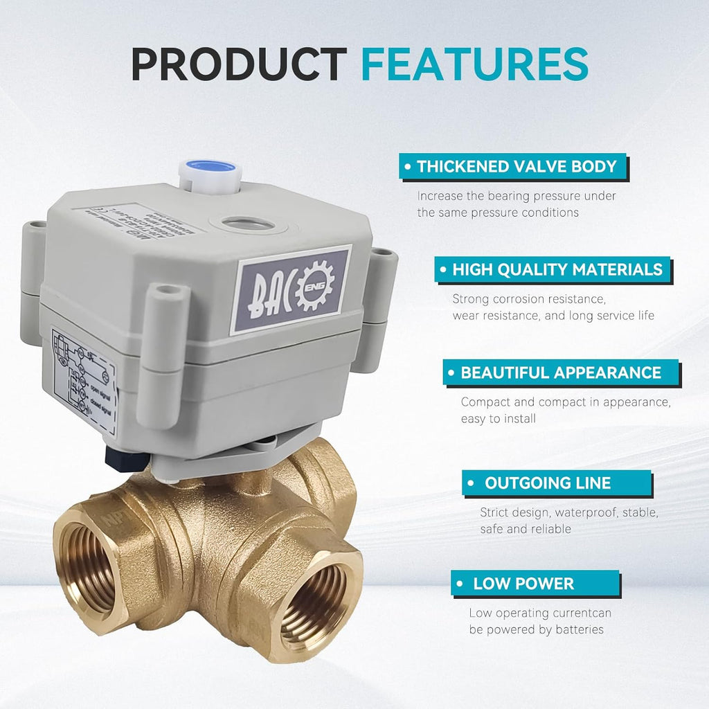BACOENG Motorized Ball Valve, 1/2" Brass 3 Way L Type Auto Return Horizontal Electrical Ball Valve, AC/DC9-24V
