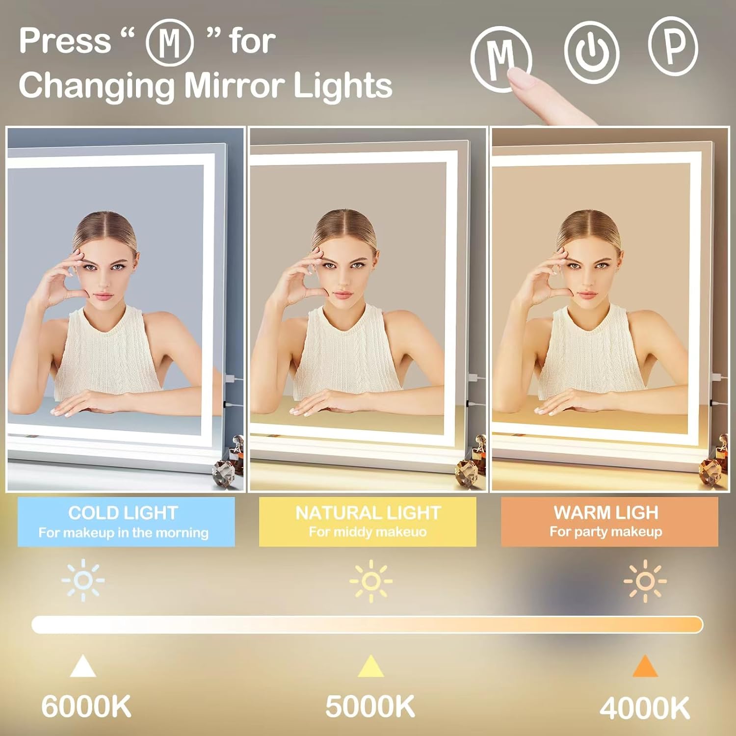 Makeup Vanity Mirror with Lights 32" x 24" Large LED Makeup Mirror, Light up Mirror with 10X Magnification and USB Charging Port, Dimmable 3 Modes, Touch Screen Control Square Corner