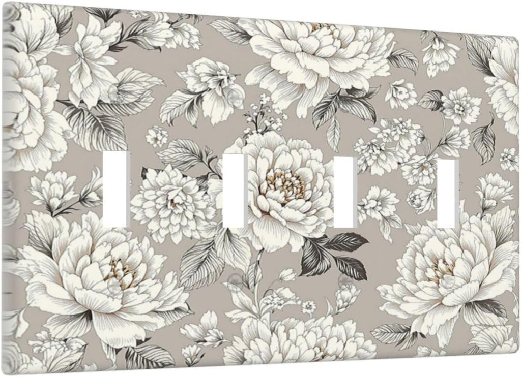 White Poppies Floral Modern Grey Peonies Flowers Light Switch Covers Quad Toggle 4 Gang Wall Plate Decorative Switch Plates Electrical Faceplate for Bedroom Bathroom Decor