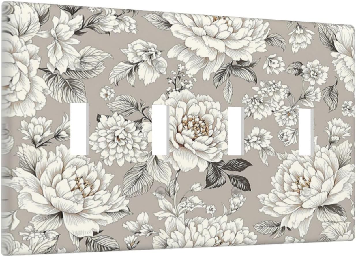White Poppies Floral Modern Grey Peonies Flowers Light Switch Covers Quad Toggle 4 Gang Wall Plate Decorative Switch Plates Electrical Faceplate for Bedroom Bathroom Decor