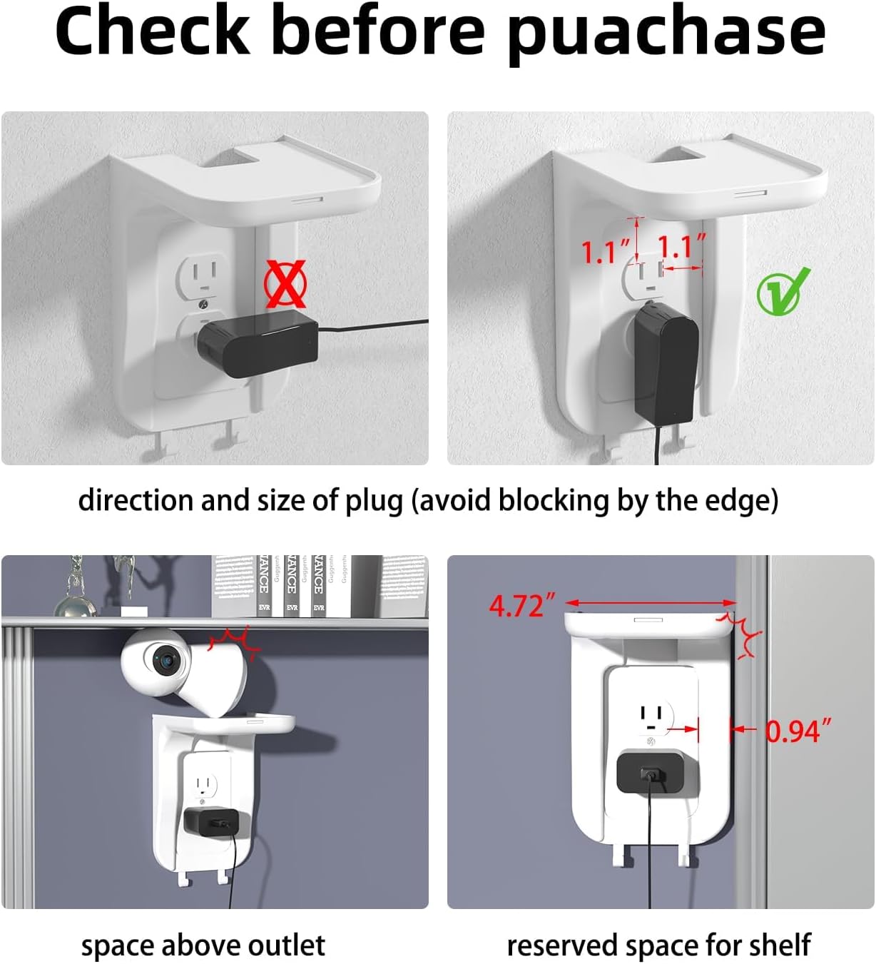 Suptek Wall Outlet Shelf, Home Wall Shelf Organizer for Outlets, Perfect for Bathroom, Kitchen, Bedrooms,Ideal for Cell Phone,Speaker up to 20lbs,with Cable Management and Detachable Hooks,White(S3W)