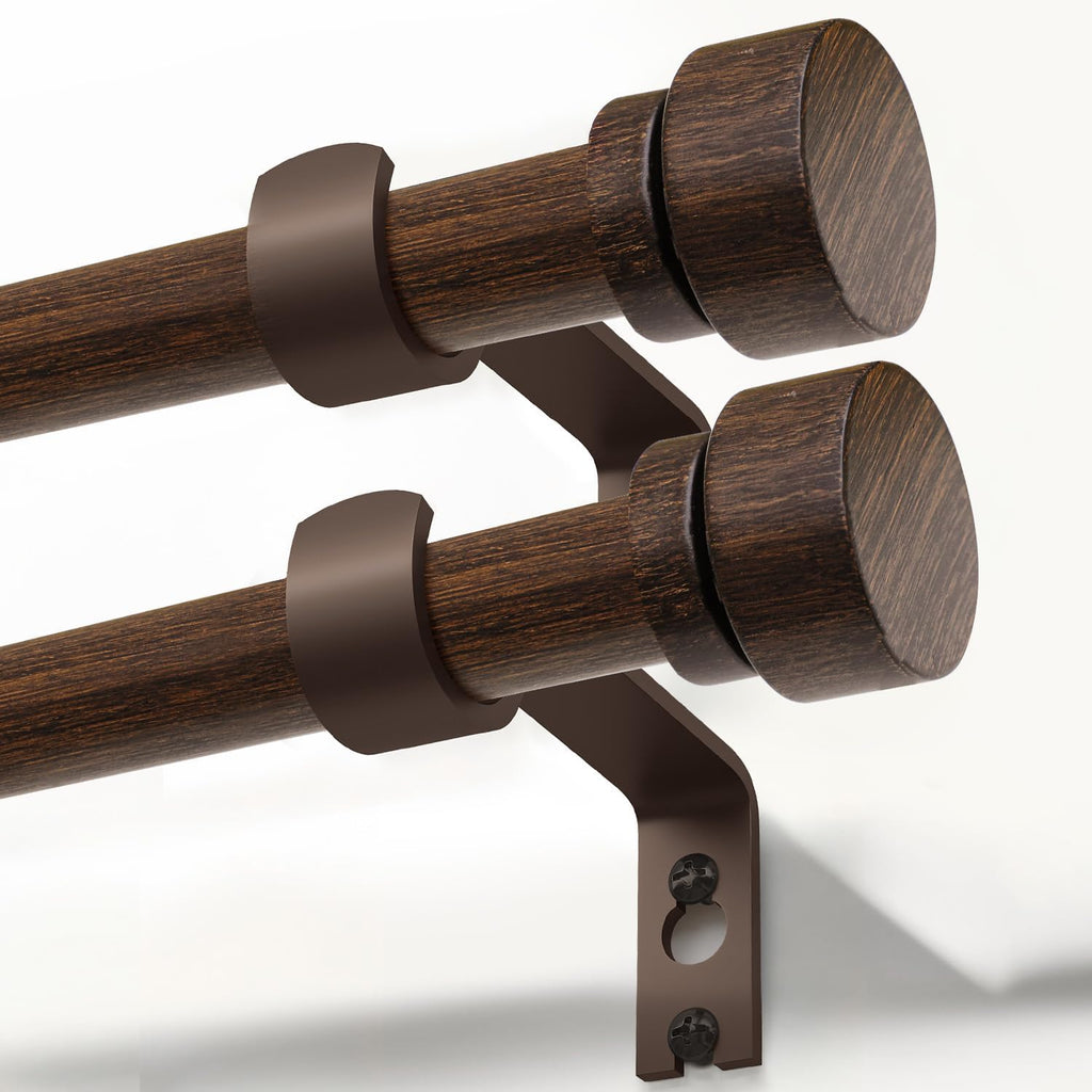 2 Pack Deep Walnut Wood Grain Curtain Rods for Windows 66 to 120 Inches 1" Diameter Heavy Duty Window Curtain Rod Adjustable with Solid Finials for Living Room Bedroom Kitchen Farmhouse Outdoor
