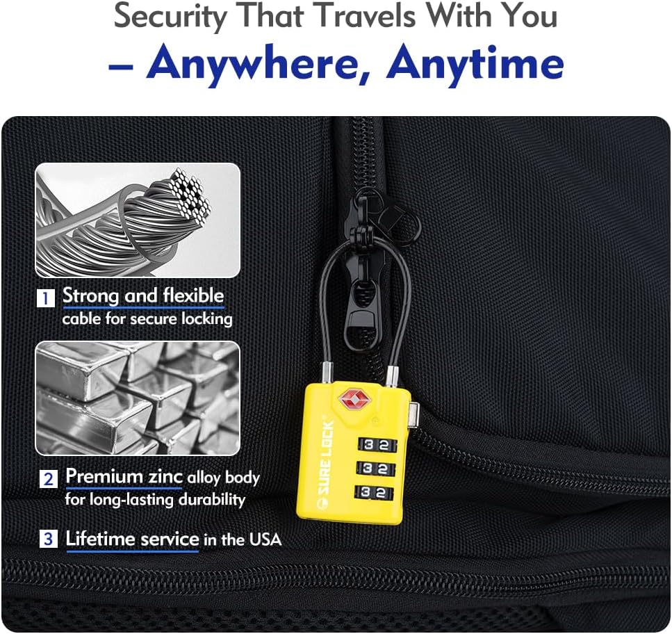SURE LOCK TSA Compatible Travel Luggage Locks, Inspection Indicator, Easy Read Dials TSA Approved with Zinc Alloy (2, Yellow)