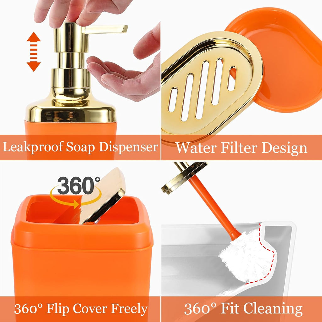 Bathroom Set - Orange and Gold Bathroom Accessories, Bathroom Sets with Shower Curtain and Rugs, Orange Shower Curtain Set with Bathroom Trash Can, Soap Dispenser, Soap Dish for Home Decor