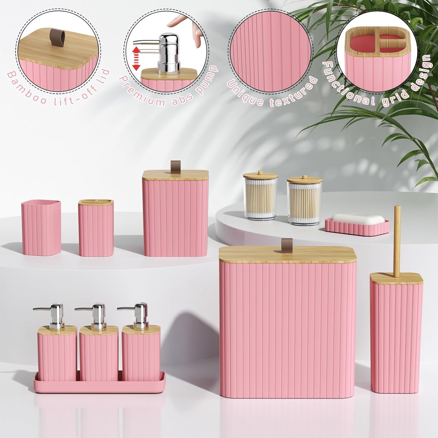 Bathroom Accessory Set - Pink Bathroom Set, 12PC Bathroom Accessories Set, Pink Bathroom Accessories Set, Mini Trash Can, Toilet Brush, Trash Can & Soap Dispenser