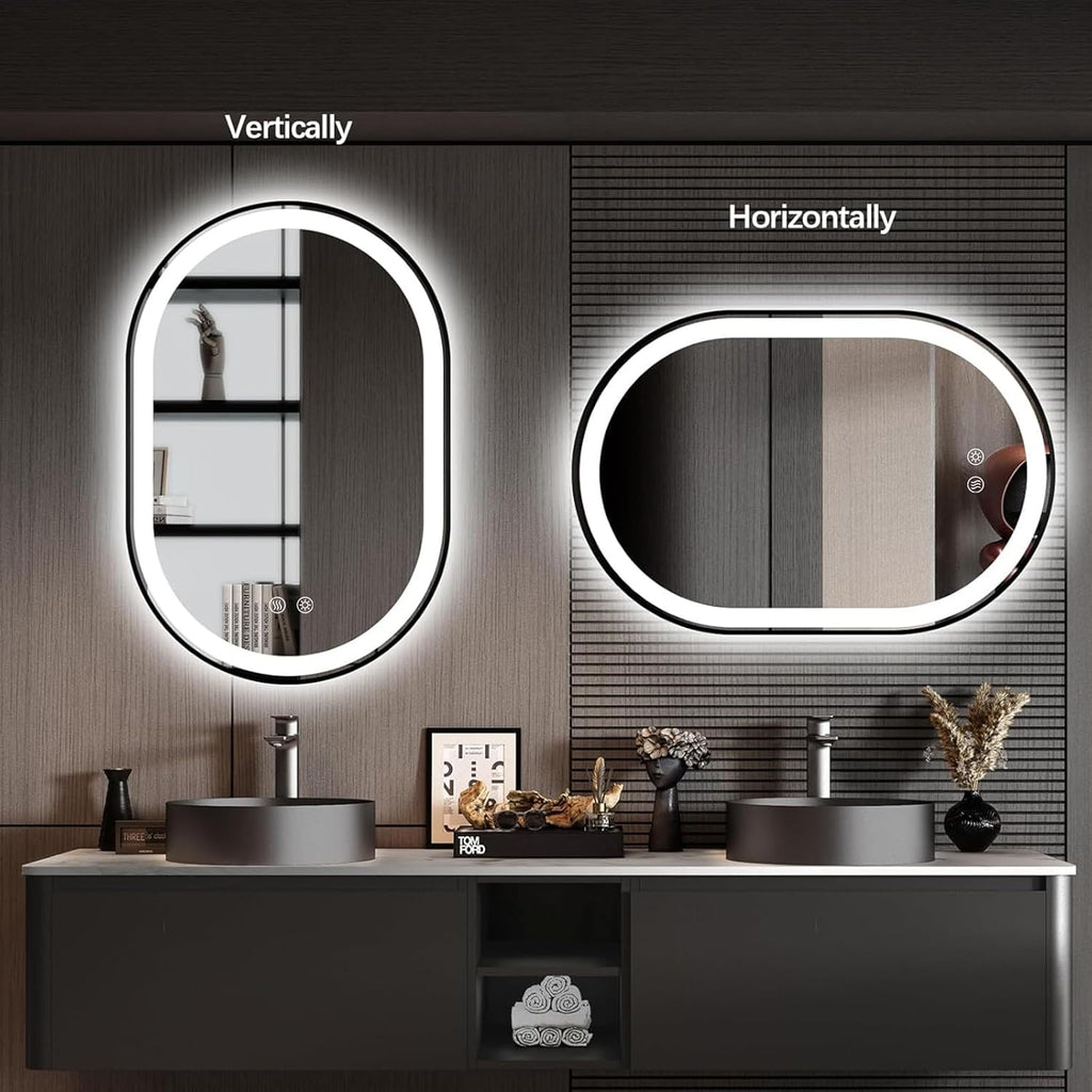 Niccy Oval LED Mirror for Bathroom, 36x24 Front Lit + Backlit Vanity Mirrors with Light Anti-Fog, Shatter-Proof, 3 Colors, Makeup Mirror with Black Frame (Horizontal/Vertical)