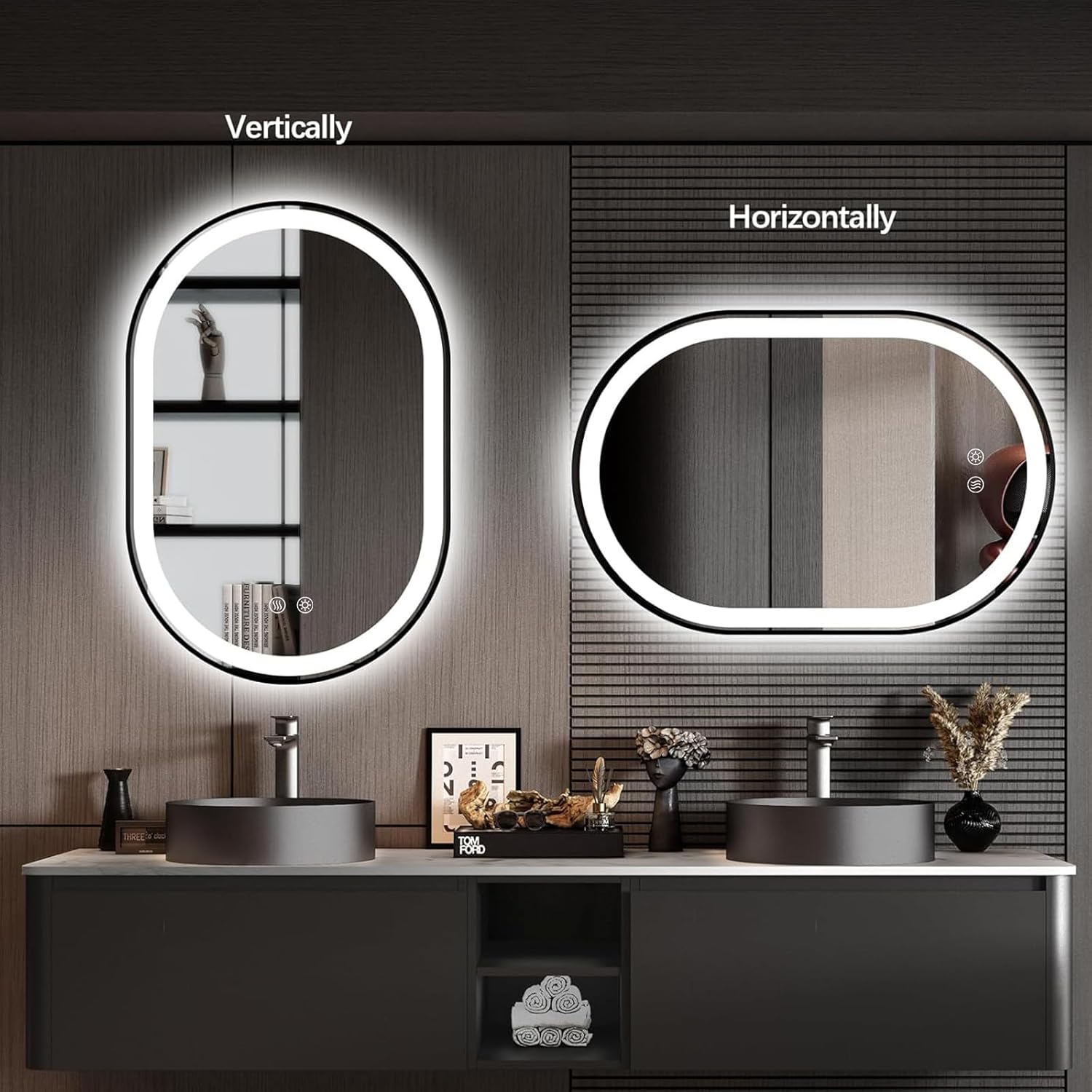 Niccy Oval LED Mirror for Bathroom, 36x24 Front Lit + Backlit Vanity Mirrors with Light Anti-Fog, Shatter-Proof, 3 Colors, Makeup Mirror with Black Frame (Horizontal/Vertical)