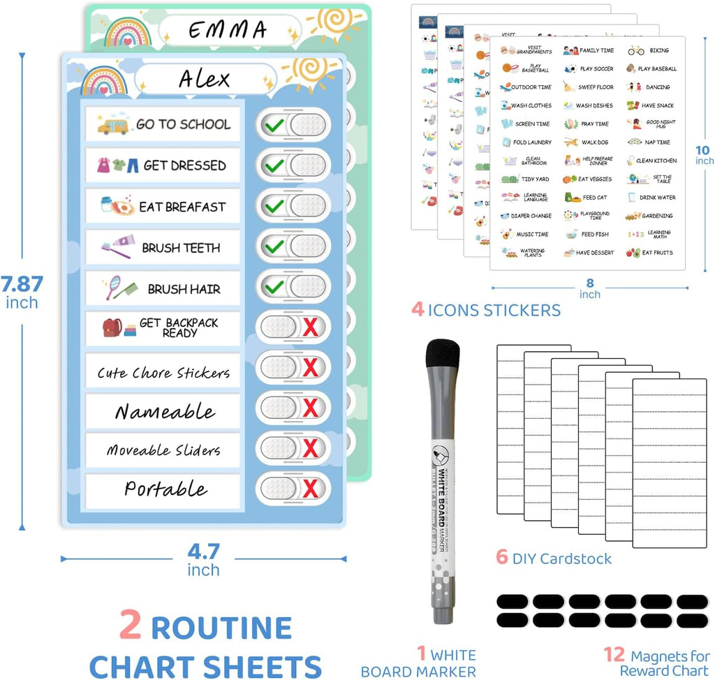 2 in 1 Namable Chore Chart for Kids, Dry Erase Morning/Bedtime Routine Chart for Kids for Refrigerator, Magnetic Visual Schedule for Kids Toddlers to Do List Checklist for Multiple Kids
