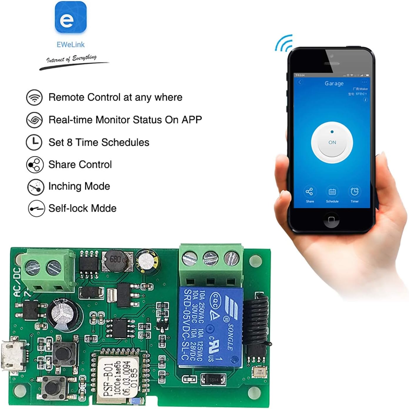 1-Channel Ewelink App Remote Control WiFi Wireless Switch Relay, self-Locking, Interlock Mode, with 433RF Remote Control, Used to Access and Control Smart Garage Doors