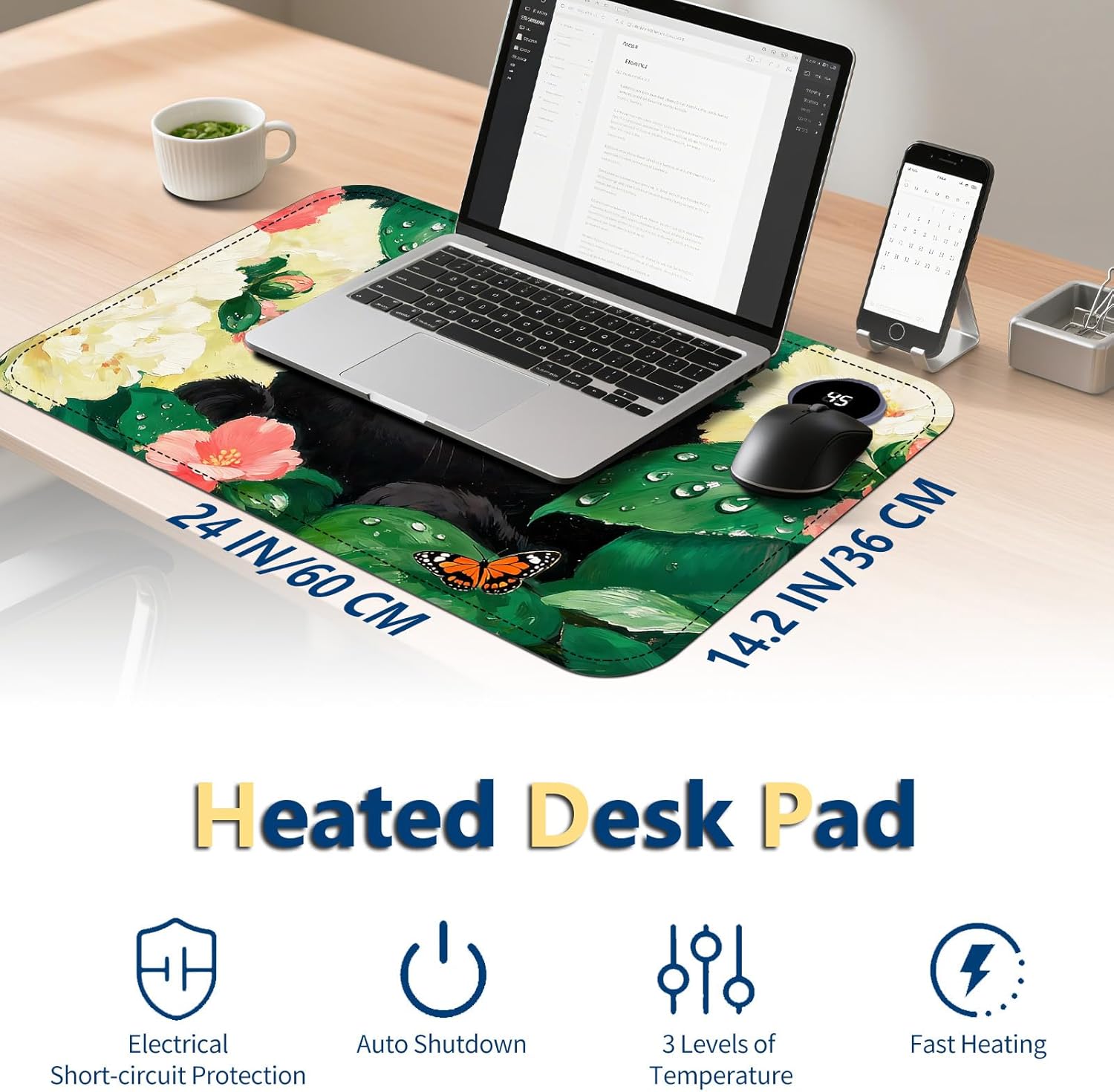 Heated Mouse Pad with 3 Temperature Settings(104°F–122°F),Large 24x14.2 Inch PU Leather Heated Desk Mat,Waterproof Warming Pad for Office,Gaming & Cold Hands Relief,Flower Black Cat Art