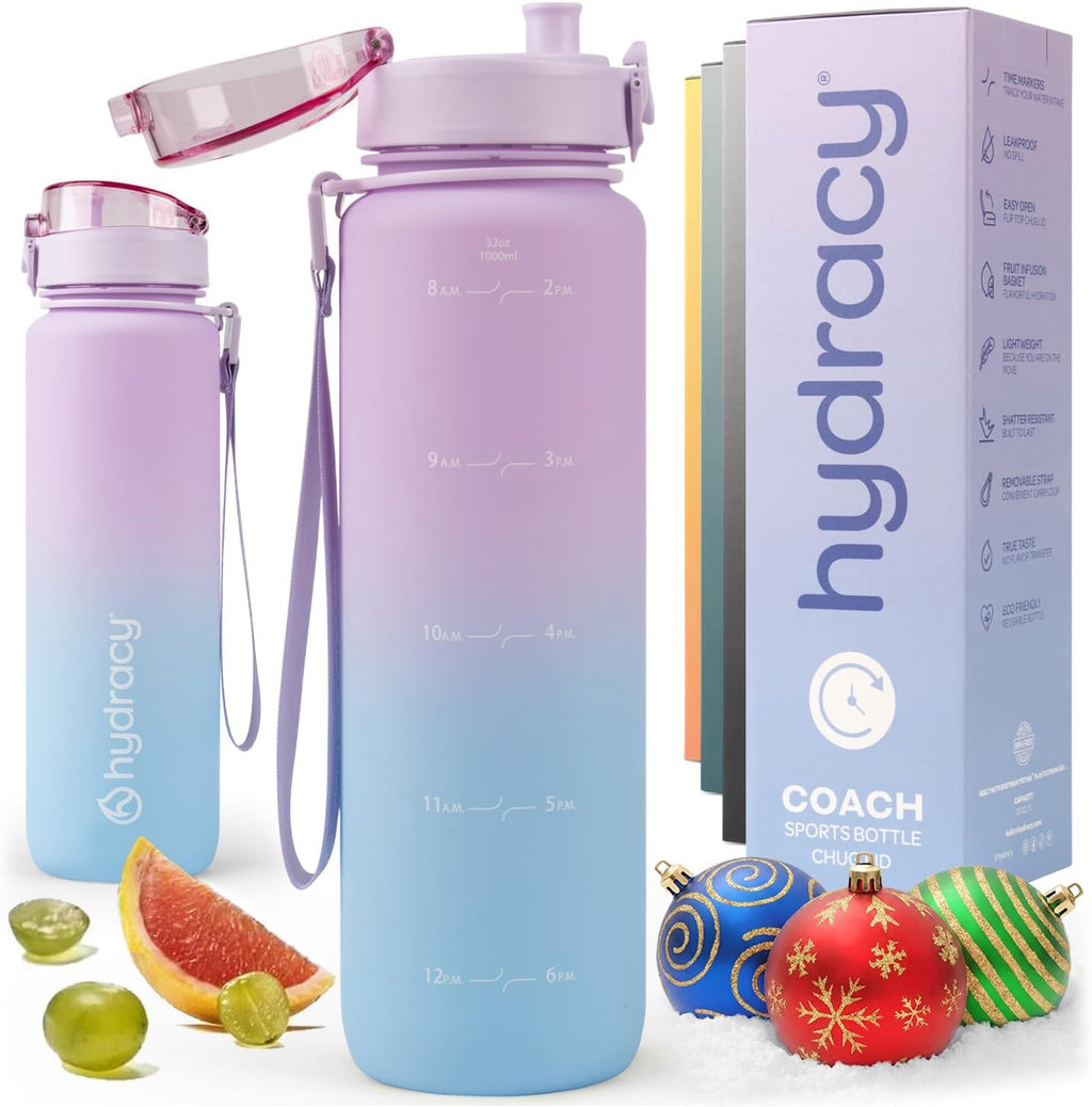 Hydracy Water Bottle with Time Marker -Large 32oz BPA Free Gradient Water Bottle - Leak Proof Gym Bottle with Fruit Infuser Strainer & Times to Drink -Ideal for Fitness Sports & Outdoors