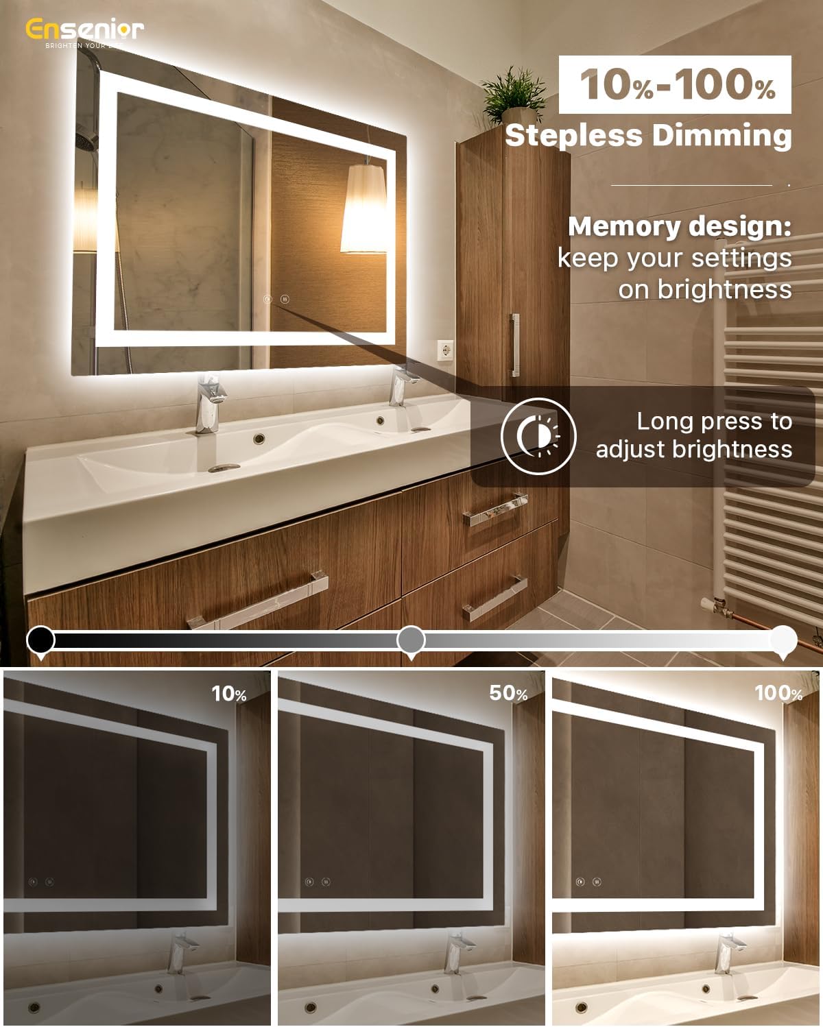 Ensenior LED Bathroom Mirror 60"x 40" with Front and Backlight, Stepless Dimmable Wall Mirrors with Anti-Fog, Shatter-Proof, Memory, 3 Colors, Modern LED Vanity Mirror- FCC