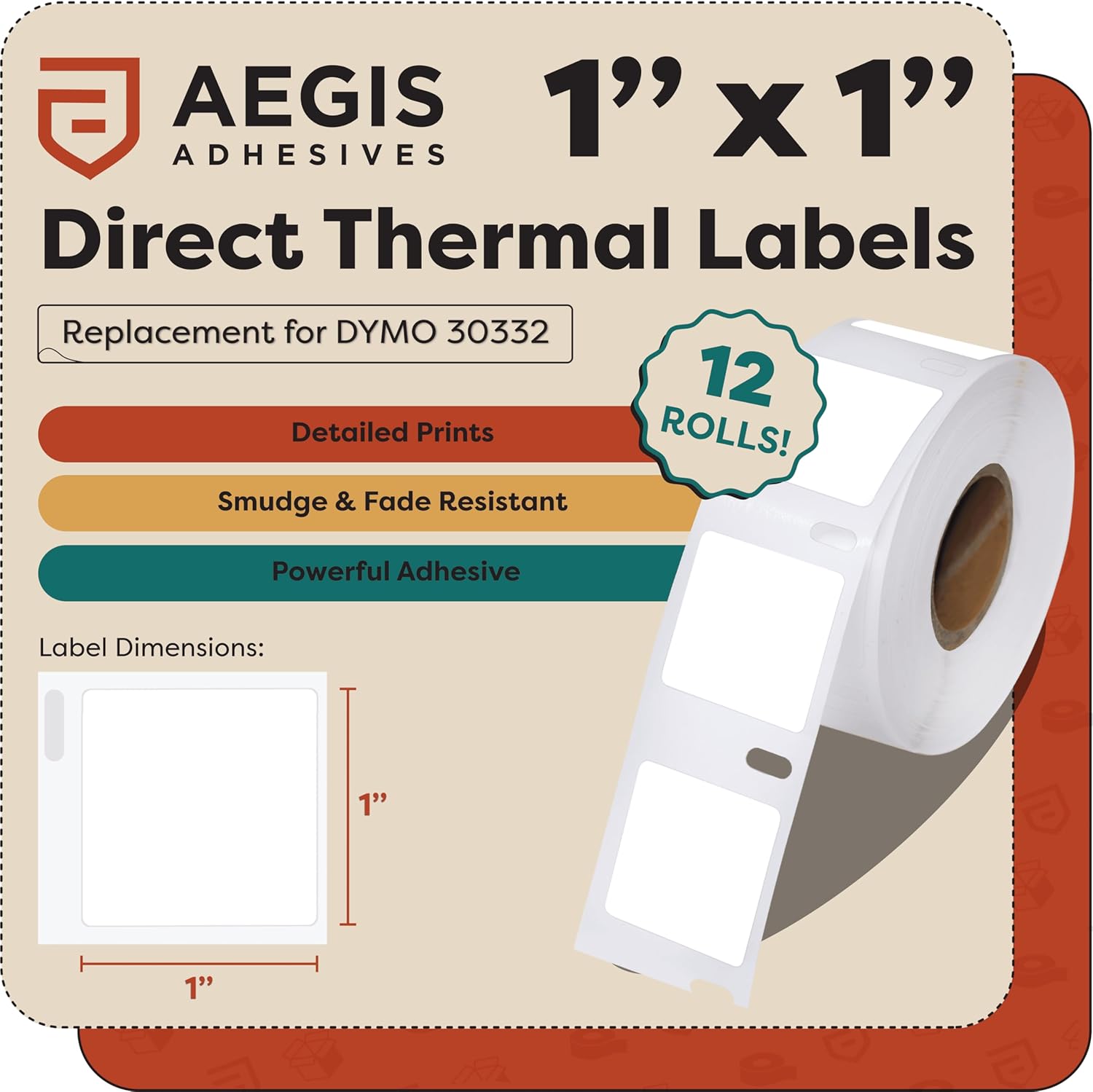 Aegis Adhesives - 1" X 1" Replacement for DYMO 30332 (12 Rolls/9000 Labels) Direct Thermal Square Multipurpose Labels - Compatible with LabelWriter 450, 450 Turbo, 4XL Printers (NOT 550, 5XL)
