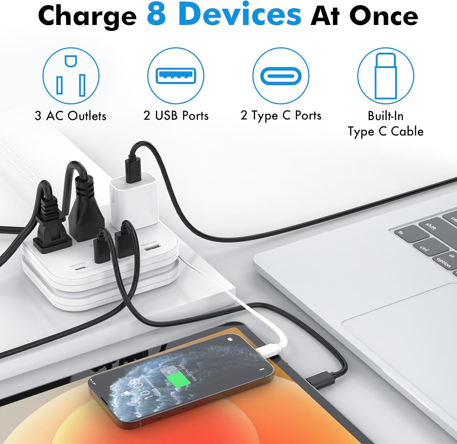 Cruise Essentials Flat Plug Power Strip, Durable 5 ft Extension Cord w/ 3 Outlets Extender & Built-In Type C Cable, 2 USB & 2 USB-C Ports, No Surge Protector for Cruise Travel, Dorm, Home