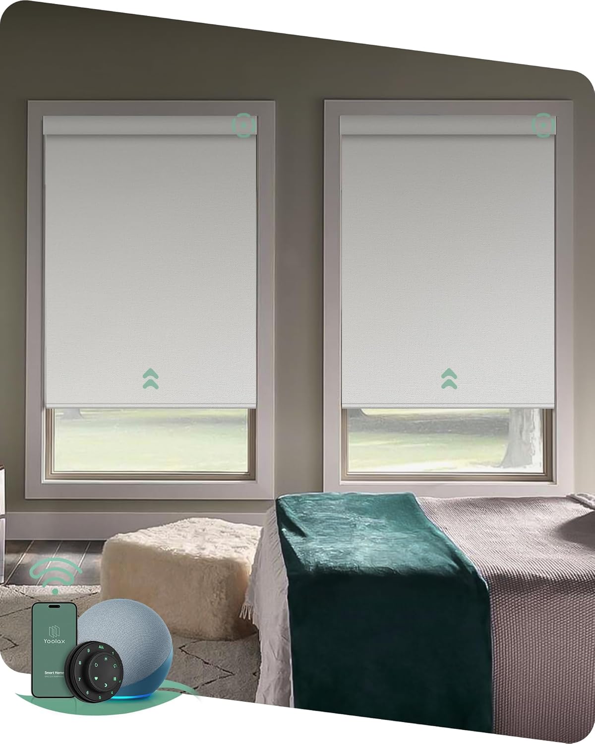 Yoolax Motorized Blinds with Remote, Smart Blinds for Windows Blackout Automatic Shades Work with Alexa Remote Control Roller Window Shades with Valance, Custom Size (Fabric-White)