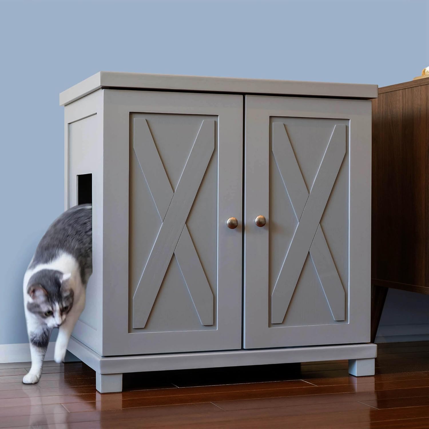 THE REFINED FELINE Cat Litter Box Enclosure Cabinet, Farmhouse, Smoke Gray, Square Feet, Large, Hidden Litter Cat Furniture with Drawer