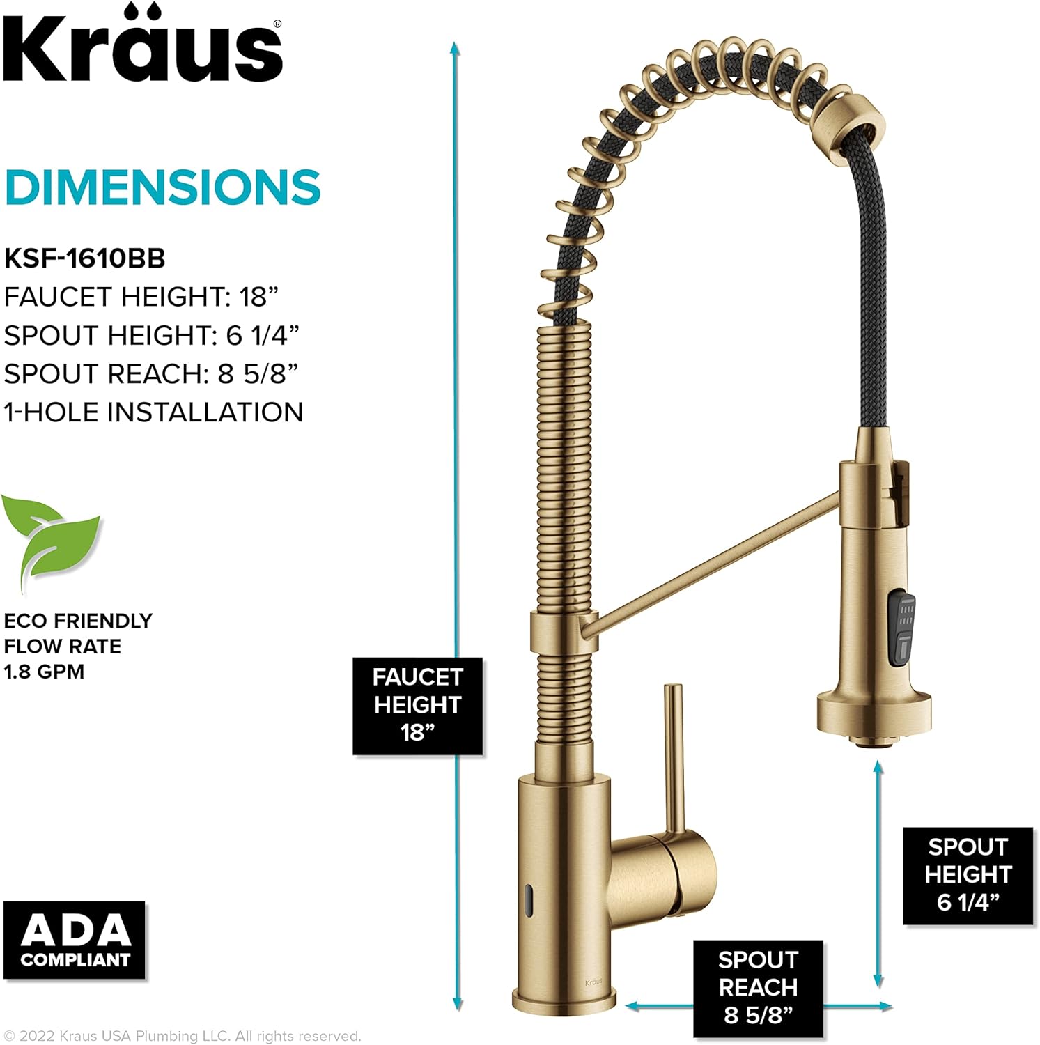 KRAUS Bolden Touchless Sensor Commercial Style 2-Function Single Handle Pull Down Kitchen Faucet in Spot-Free Brushed Brass, KSF-1610BB