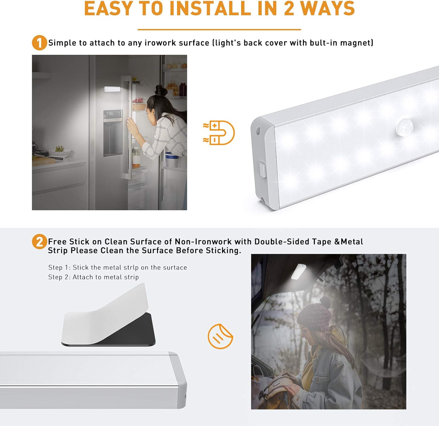 LED Closet Light, 20LEDs Dimmer USB Rechargeable Motion Sensor Light Under Cabinet Lighting, Stick-Anywhere Night Safe Light Bar for Wardrobe,Kitchen-3 Pcs
