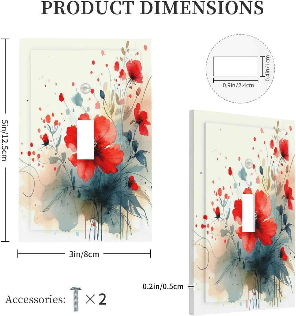 Vintage Floral Red Watercolor Modern Decorative Light Switch Cover 1 Gang Single Toggle Decorator Outlet Wall Plate Device Electrical Faceplate Switchplates for Bedroom Bathroom Decor