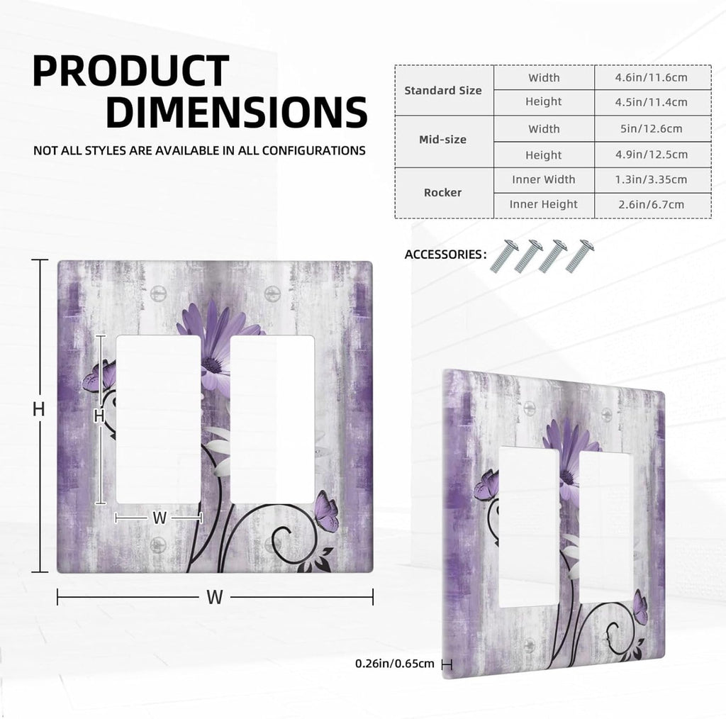 Decorative Outlet Covers Rustic Purple Daisy Grey Flowers 2 Gang Wall Plate Double Rocker Two Switch Wall Cover Plate Light Switch Cover Plate Faceplate for Country Bedroom Home Decor