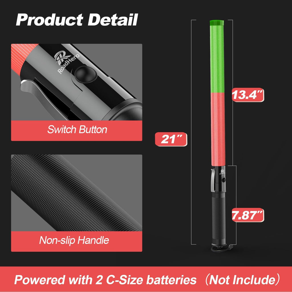 RoadHero 2 Pack 21 Inch Traffic Wands, Red and Green Led Traffic Control Baton, Safety Light Wand with 3 Flashing Modes, Air Marshaling Signal Wand with Side Clip for Airport, Parking, Car Directing