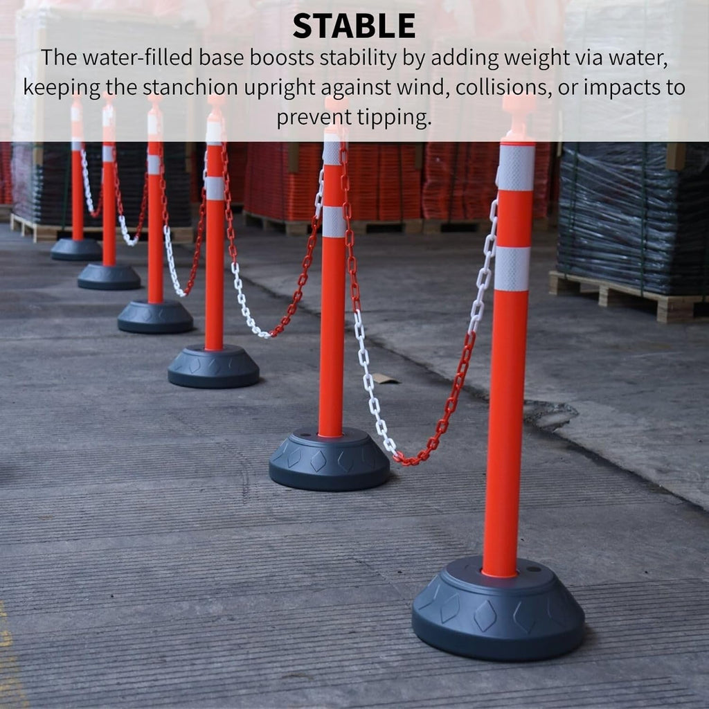 6 Pack Traffic Delineator Post Cones with Plastic Chain Crowd Control Barriers - Expandable 40" Traffic Control Cones, 6 x 6.6 Ft Chains for Indoor & Outdoor Use (Red-Water Filled Base)