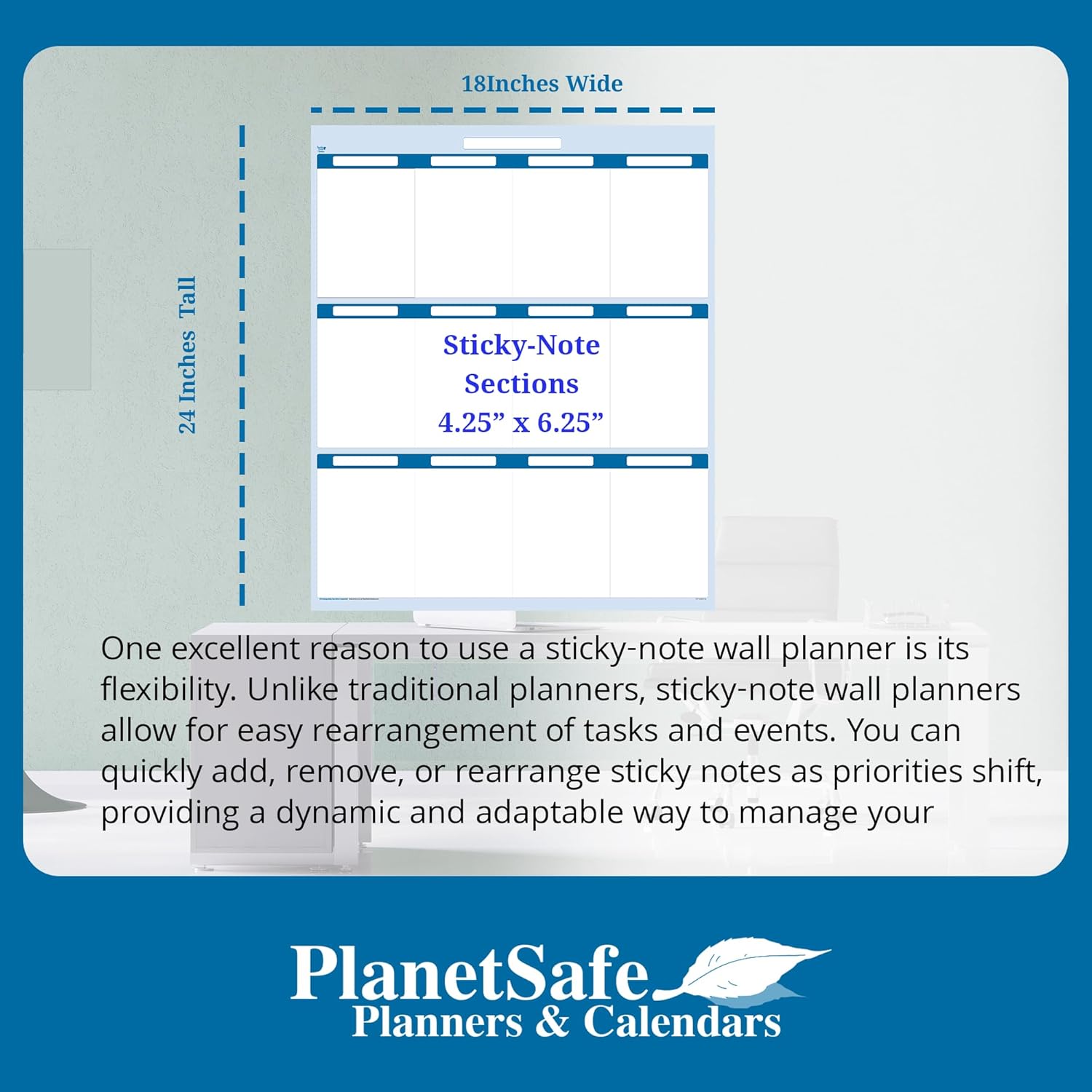 Sky Blue 12 Section Task, Objective and Goals Planning System Vertical 24" Tall x 18" Wide. Wall Tray, Dry-Erase Marker, Eraser and 600 Sticky-Notes
