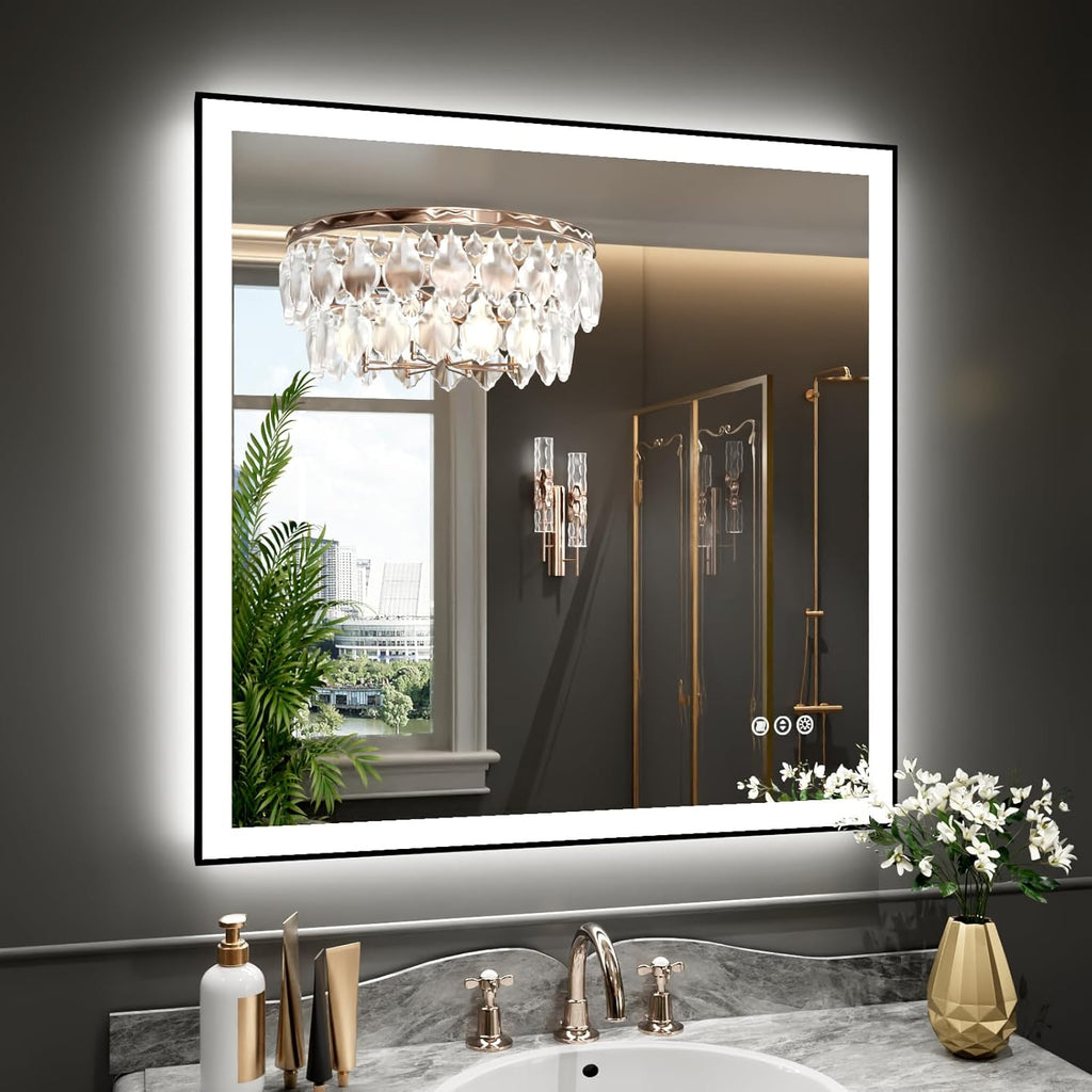 WTTY 36"X36" LED Bathroom Mirror with Black Frame, Bathroom Vanity Mirror with Lights for Wall, Front Light and Backlit, Anti-Fog, Dimmable, 3 Colors, Shatterproof, Memory, Horizontal/Vertical