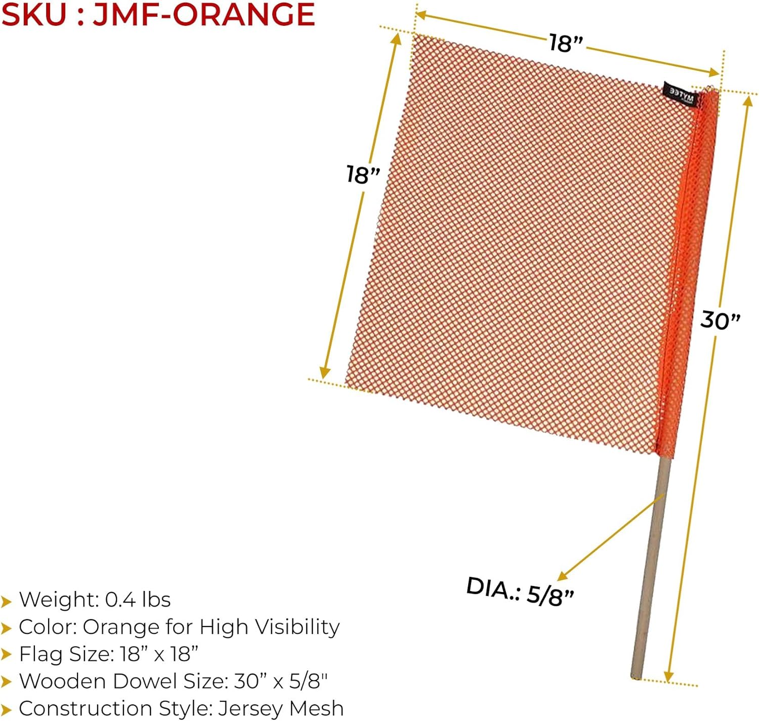 Mytee Products (16 Pack) 18"x18" Orange Safety Flags for Truck Loads w/Dowel - DOT Compliant Jersey Mesh Warning Flags on Stick for Oversize Wide Load, Construction, Road Traffic, Pedestrian Signs