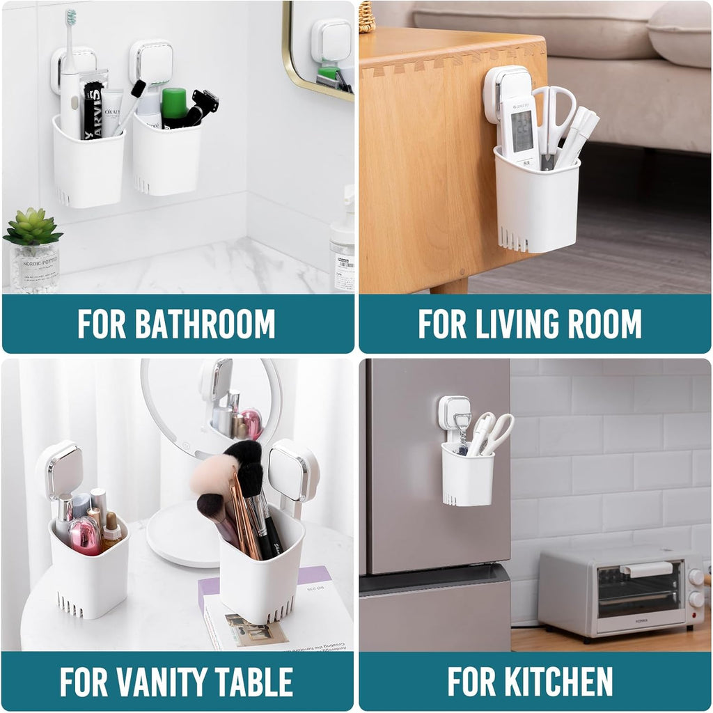 TAILI 2 Pack Suction Toothbrush Holder for Shower Wall, No Nail, No Glue! Self-draining Shower Cup for Toothpaste, Toothbrush, Kitchen Tableware, Strong Suction Cup Razor Holders for Bathroom, White