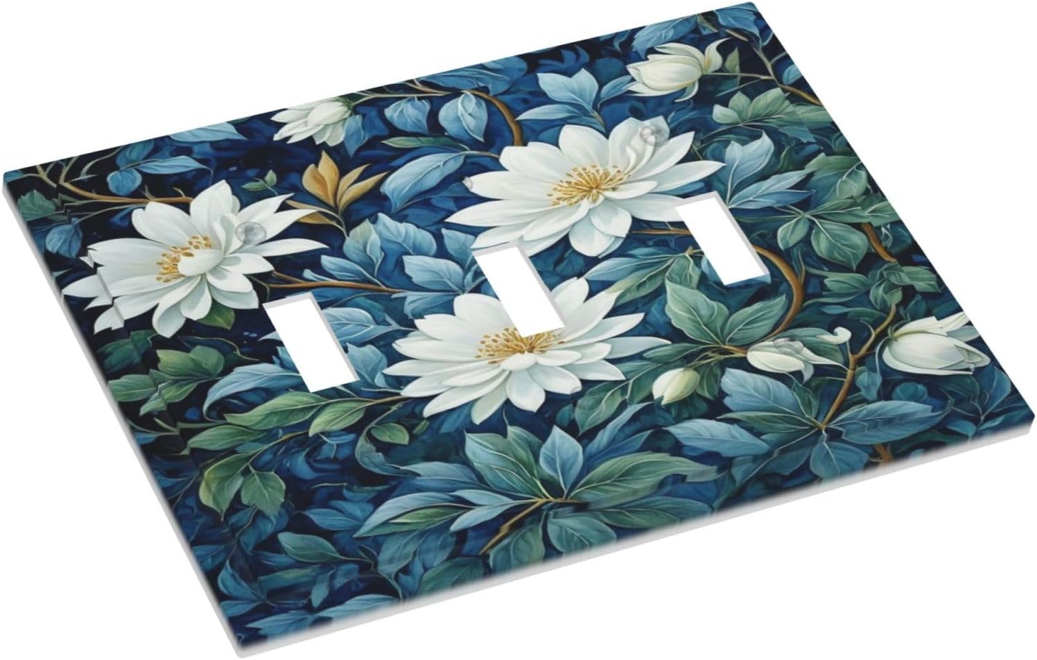 White Flowers Green Leaves Light Switch Covers 3 Gang Triple Toggle Wall Plate Decorative Switchplate Electrical Faceplate for Farmhouse Living Decor