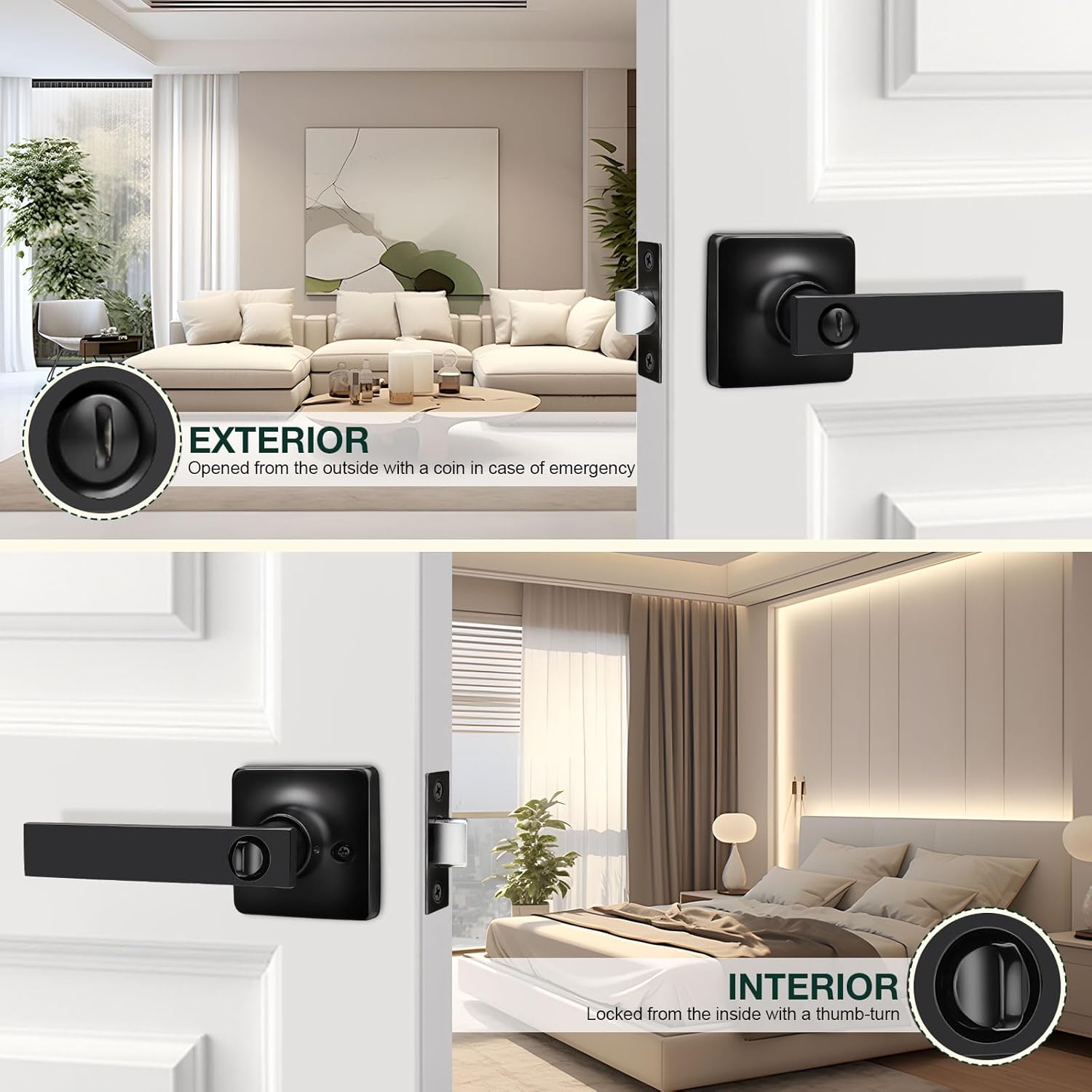 GOBEKOR 3 Pack Privacy Door Levers & Handles with Lock - Square Black Lever Door Handles for Bedroom & Bathroom