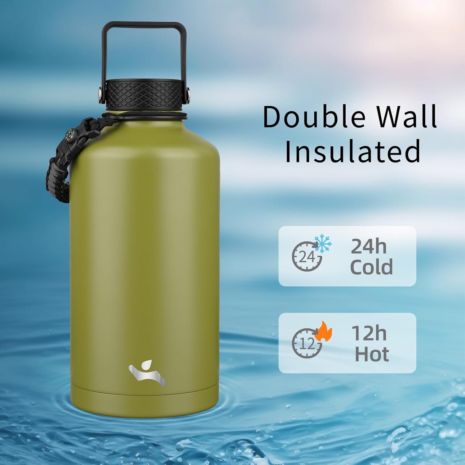 Insulated Water Bottle with Straw,87 oz 3 Lids Water Jug with Carrying Bag,Paracord Handle,Double Wall Vacuum Stainless Steel Metal Flask,Forest Green
