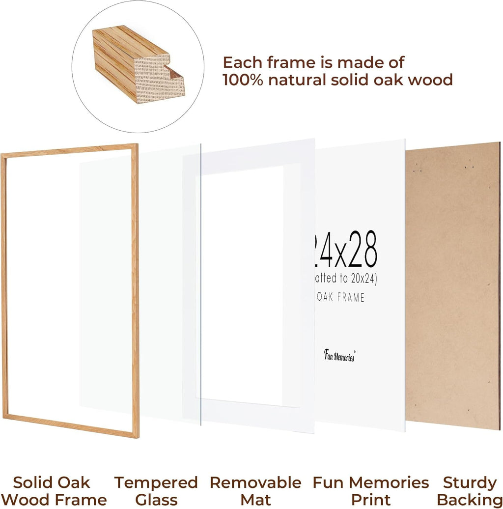 24x28 Picture Frame, Solid Oak Wood Frames 24 by 28, Rustic Wood Poster Frame 24"x28", 24x28 Frame with Mat for 20x24, 24 x 28 Frame with Tempered Real Glass (Natural Oak Color, 1 Pack)