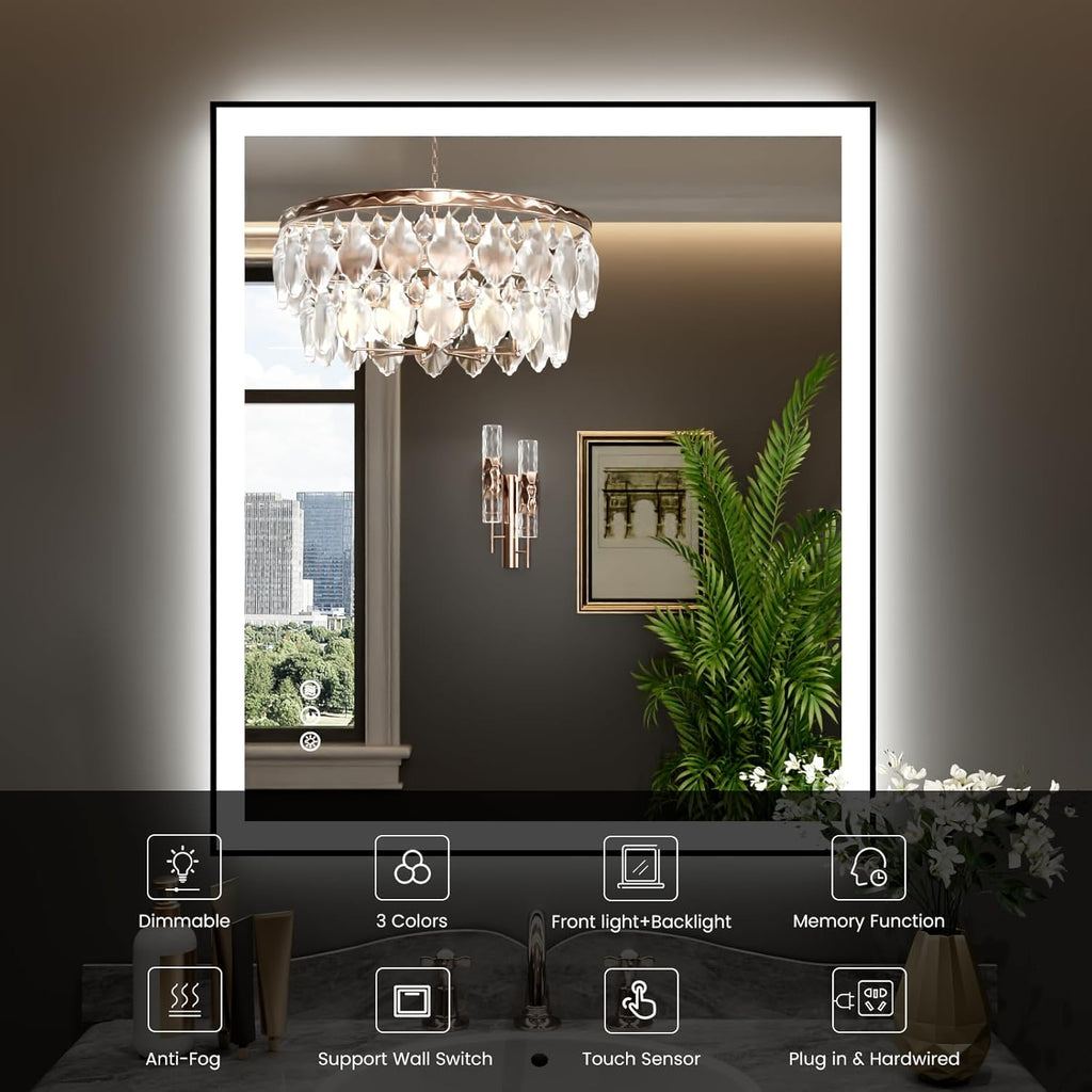 WTTY 32"X36" LED Bathroom Mirror with Black Frame, Bathroom Vanity Mirror with Lights for Wall, Front Light and Backlit, Anti-Fog, Dimmable, 3 Colors, Shatterproof, Memory, Horizontal/Vertical