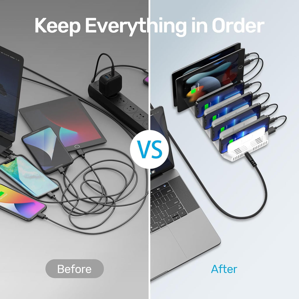 【10PCS】 Unitek Multi Charging Station, 10-Port USB Charger for Multiple Device with SmartIC Tech and Adjustable Dividers, Organizer Stand Compatible with iPad, Tablet, Kindle, iPhone - 10PCS, White