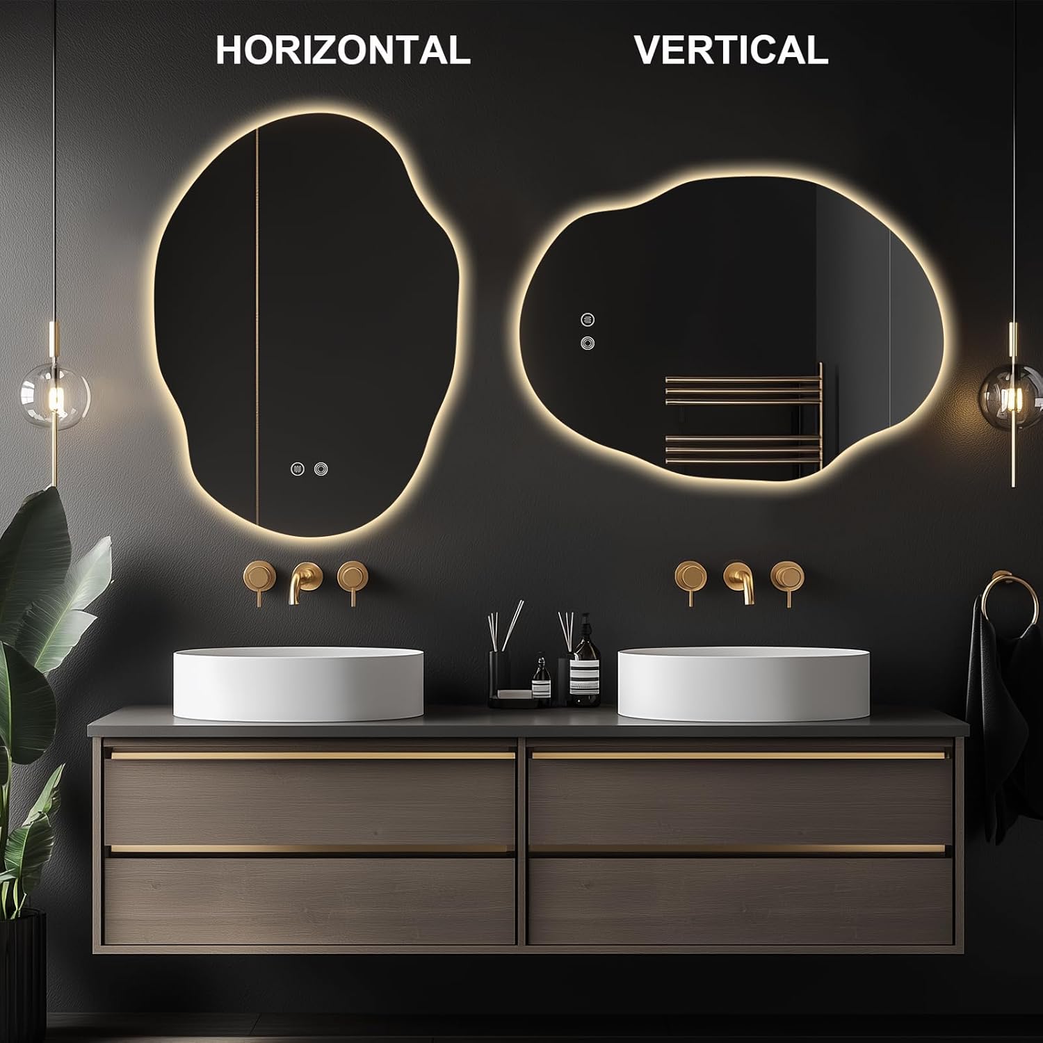 LED Bathroom Mirror with Lights,25x35 in Asymmetrical Led Bathroom Mirror for Wall, Backlit Mirror with Anti-Fog,3 Colors and Dimmable Light,[Horizontal/Vertical]